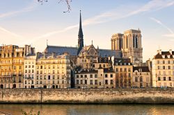 I palazzi dell'Île de la Cité affacciati sulla Senna e, alle loro spalle, la sagoma della Cattedrale di Notre-Dame di Parigi.
