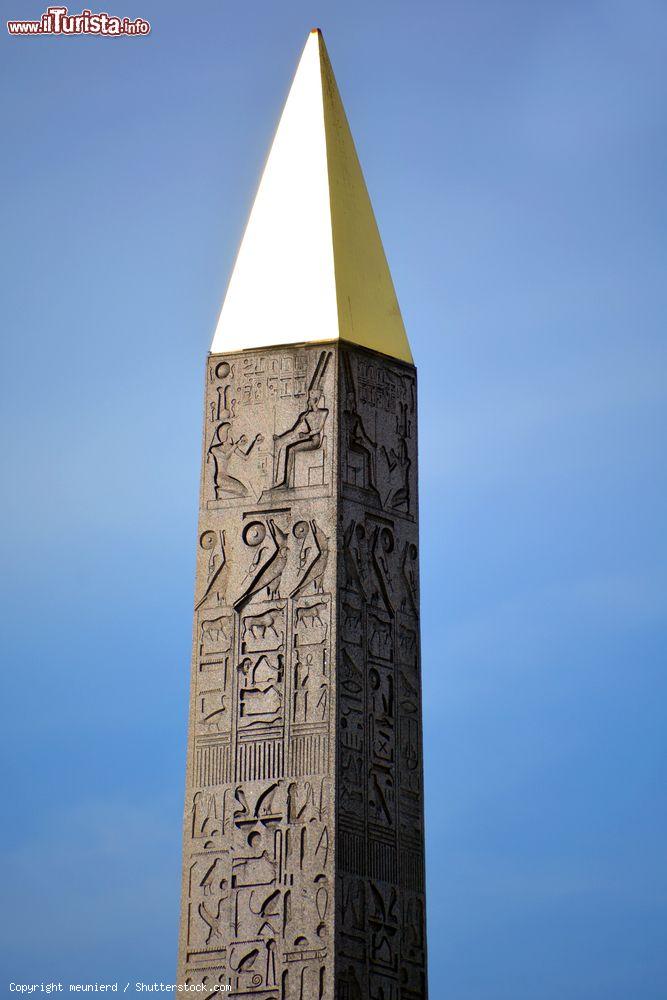 Immagine I geroglifici che ornano l'obelisco egizio di Luxor in Place de la Concorde a Parigi, Francia. Le decorazioni raccontano le gloria del faraone Ramesse II°- © meunierd / Shutterstock.com