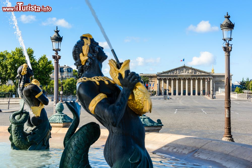 Immagine Il palazzo dell'Assemblea Nazionale francese a Parigi, Francia, visto da Piazza della Concordia. In primo piano, la Fontana dei Mari con Nereidi e Tritoni. Dai pesci dorati zampilla acqua.