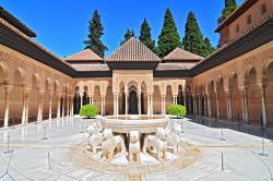 Il Patio de los Leones (Patio of the Lions) nei palazzi nasridi all'Alhambra, Granada. Risale al 1377: il cortile interno è circondato da un portico con 124 colonne di marmo bianco ...