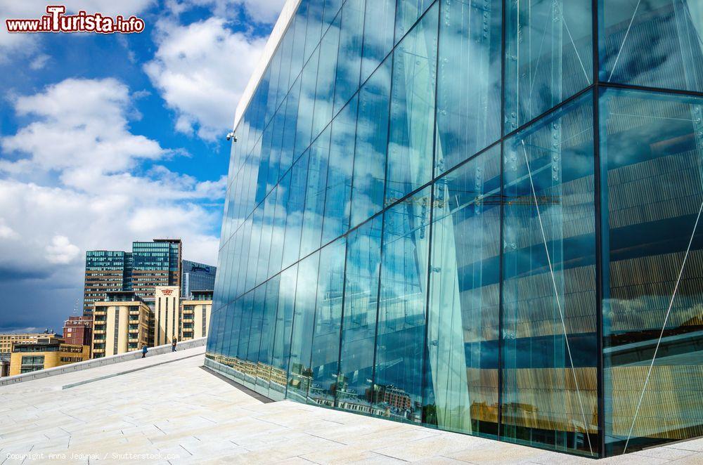 Immagine L'architettura moderna dell'Opera House di Oslo, Norvegia. Progettata dallo studio Snohetta, sorge nel quartiere Bjorvika nel centro della capitale, sulla punta del fiordo - © Anna Jedynak / Shutterstock.com