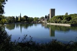 Veduta panoramica del Giardino di Ninfa, Cisterna di Latina, Lazio. Attraversato dal fiume Ninfa che deve il suo nome all'omonimo laghetto di natura risorgiva, questo parco ospita un migliaio ...