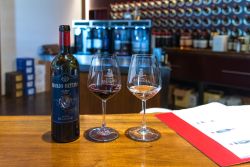 Una bottiglia di vino Brolio-Ricasoli con due calici: al castello di Brolio si effettuano degustazioni di alcuni fra i migliori vini prodotti con le uve del Chianti (Toscana) - © katuka ...