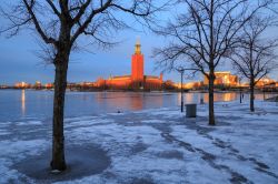 Una suggestiva veduta invernale dello Stockholms stadshus al tramonto (Svezia). Scattata dall'isola di Riddarholmen, questa bella immagine mostra l'acqua del lago ghiacciata e gli alberi ...