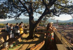 Turisti contemplano Lucca dalla terrazza sommitale di Torre Guinigi - © Nickolay Almayev / Shutterstock.com