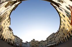 Visione completa con obiettivo fish-eye di Piazza dell'Anfiteatro a Lucca (Toscana)
