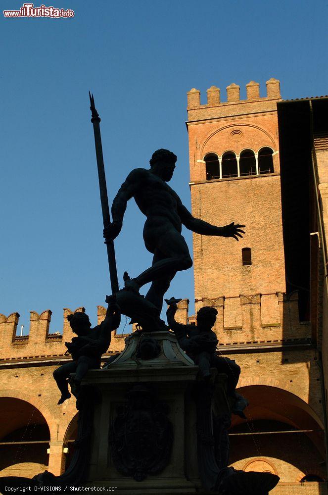 Immagine Il Nettuno di Bologna in contro luce si staglia sulle merlature di Palazzo Re Enzo in centro città - © D-VISIONS / Shutterstock.com