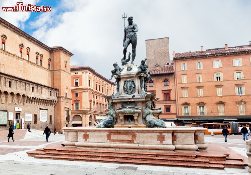 Immagine La Piazza del Nettuno con la fontana del Gianbologna e il palazzo di Sala Borsa a Bologna