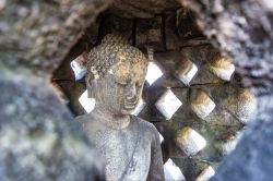 Dettaglio di una statua del Buddha all'interno di uno stupa al Borobudur Temple, Magelang, Indonesia. 
