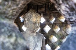 Dettaglio di una statua del Buddha all'interno di uno stupa al Borobudur Temple, Magelang, Indonesia. 
