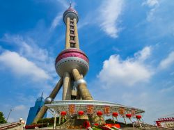 Vista dal basso della torre televisiva di Shanghai, operativa dal 1994, che domani la skyline del Bund. - © jejim / Shutterstock.com