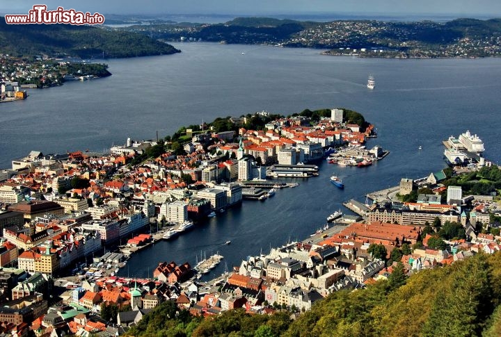 Particolare del porto di Bergen dal Monte Floyen, la parte destra  il molo storico, il cosiddetto Bryggen