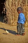 Un bambino malgascio gioca con un pulcino