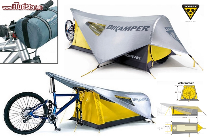 Bikamper tenda da bici by Topeak - Accessorio per il cicloturista evoluto, che desidera fare la propria vacanza, in totale libertà. Si tratta di una tenda che potete applicare senza problemi alla vostra bicicletta: dovete smontare la ruota anteriore, che andrà a sostituire i classici pali di sostegno, dando rigidità alla struttura. La tenda, che è dotata di due finestre, è lunga 2 metri, mentre la larghezza raggiunge i 90 cm in corrispondenza di dove poggerà la testa del ciclista, ed i 70 cm dove andranno a posizionarsi i suoi piedi: non manca quindi lo spazio per alloggiare, comodamente, una persona!
Bikeamper è studiata per mountain o city bike, con ruote da 26 pollici, o per le bici da corsa. Il produttore assicura un montaggio facile e piuttosto rapido, ed anche un peso contenuto: 1,6 kg in totale, che vengono posizionati in una piccola sacca, che può essere legata sul portapacchi o sul manubrio anteriore della bicicletta. La tenda include una copertura impermeabile in nylon, che tiene lontano l'umidità e fornisce una protezione aggiuntiva contro il freddo. Costa intorno ai 200 dollari. Maggiori informazioni: http://www.topeak.com