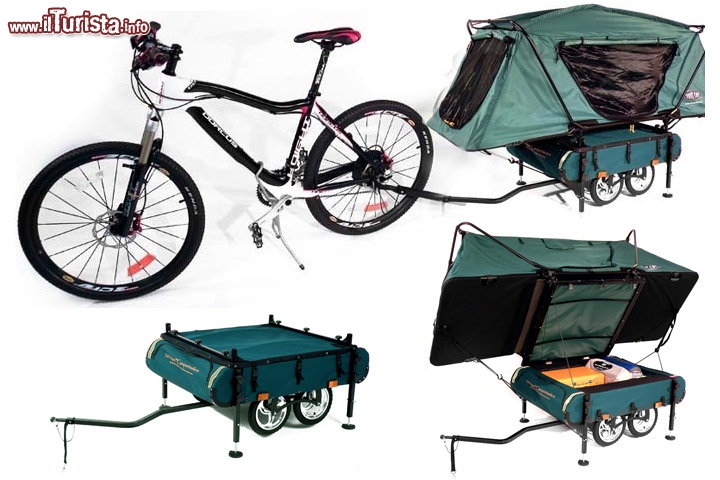 Bushtrekka carrello tenda da bici by Kamp-Rite - E' l'ultima evoluzione della tenda adatta al cicloturista più evoluto, e si tratta di un prodotto che è stato sviluppato appositamente per i veri appassionati delle due ruote. Ad esempio le sue ruote pivottanti, due per ciascuno lato e con battistrada adatto sia ad asfalto che fuori strada, hanno la funzione di assorbire le sollecitazioni del terreno irregolare, lavorando in modo indipendente l'una dall'altra. Il carrello può essere regolato con precisione, portandolo all'altezza ideale per ciascun modello di bicicletta, a partire da ruote da 20” fino alle più grandi bici da 29 da pollici. I progettisti hanno poi lavorato sullo “storage”del carrello, e sfruttando ogni pezzo di spazio a disposizione, hanno creato tre grandi vani portaoggetti con più di 180 litri di capienza complessiva. Cosa molto interessante, il fatto che il rimorchio disponga anche di martinetti di livellamento regolabili per garantire gli appoggi su qualsiasi tipo di terreno, e riuscendo a garantire sempre la posizione orizzontale per la comodità di sonno delle persone! Il carrello tenda pesa 26 kg ed il suo prezzo si aggira intorno ai 265 euro. - Sito ufficiale