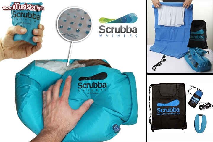 Scrubba, borsa/lavatrice da viaggio - Viaggiare low cost, si sa, comporta sempre più delle limitazioni di peso, dato che le compagnie aeree cercano di risparmiare, in ogni modo, sui consumi di carburante. Le valigie si alleggeriscono, ed a farne le spese sono i nostri guardaroba, che in viaggio vengono ridotti,oramai, all'essenziale. Fare il bucato in vacanza diventa allora una priorità, ed allo scopo ci sembra molto interessante l'idea di un'azienda Australiana, una furba “lavatrice manuale” a sacchetto. Non ingombra, pesa solo 160 grammi, non richiede elettricità ed è facilissimo da usare: basta un po' d'acqua, del sapone liquido dentro al sacchetto dove avete già infilato gli indumenti, poi un po' di olio di gomito e il risultato è perfetto, grazie al particolare interno di The Scrubba, che con le sue asperità aiuta a togliere anche lo sporco più resistente. Il prodotto vi viene spedito dall'Australia al costo di poco meno di 50 euro, 80 euro se acquistate il kit specifico da viaggio, con tutti gli accessori – In vendita qui.