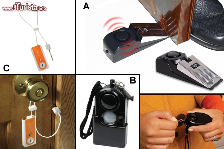 Allarmi da viaggio: 
A) Super Door Stop Wedge Alarm - Cuneo ferma porta e finestra con allarme
Questo accessorio è veramente interessante, e costa decisamente pochi soldi. E' ideale per l'utilizzo quando siete in alberghi o in stanze in affitto, ed a differenza della maggior parte dei prodotti di sicurezza disponibili sul mercato, non solo attiva un allarme (125 decibel!) che segnala l'effrazione, ma impedisce di fatto, agli intrusi, di entrare. Il design cuneiforme e antiscivolo blocca l'apertura della porta o della finestra. Il dispositivo è inoltre dotato di un sensore di movimento, che attiverà l'allarme se l'unità viene spostata. Geniale! Prezzo poco più di 10 euro ma si trova anche scontato. Acquistalo qui

B) Mini Travel Alarm - Tre accessori in uno
Il Mini Allarme da Viaggio è sia un allarme personale che di un dispositivo di sicurezza ideale per i viaggiatori. In caso di pericolo potete farlo suonare, tirando una catenella posta sulla cima del dispositivo: un suono da 100 dB viene emesso per mettere in fuga l'aggressore. Inoltre è incluso anche un sensore integrato di movimento, a infrarossi passivi (PIR). Una volta attivato il sensore, dopo 60 secondi inizierà a monitorare con un angolo di 30 ° e duna distanza di rilevamento fino a 3 metri. Terza chicca, il Mini Allarme è anche una torcia a led! Prezzo 12 euro circa. Acquistalo qui

C) Doberman Travel Alarm
Semplice sensore per chi viaggia in zone, infestate dai ladri! Questo dispositivo di sicurezza può essere facilmente collegato a qualsiasi porta, dopo di che potrete lasciare libera la vostra mente e potete dormire serenamente! Basta appenderlo alla maniglia della porta ed inserire la clip nello stipite. Se il dispositivo avverte delle delle vibrazioni, scatta una sirena da 95 dB. E' quindi un allarme perfetto per camere d'albergo, dormitori, o qualsiasi stanza che si desidera monitorare, per questo è chiamato il doberman dei viaggiatori! Include una pratica, torcia integrata. Costa 10 euro circa. Acquistalo qui