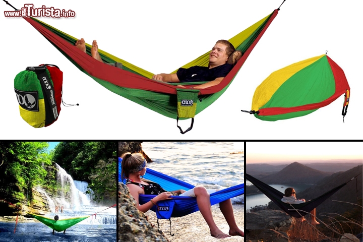 Amaca/nido/tenda da viaggio - SingleNest Hammock by Eagles Nest Outfitters Inc. - Un vero nido, leggerissimo, ingombro nullo, montaggio veloce e capace di reggere pesi dell'ordine di 200 kg. Questo furba amaca da viaggio è disponibile sia monoposto, come vediamo nell'immagine, come anche in versione a due piazze, per gli amanti del ...trekking romantico! Il modello monoposto pesa appena 481 grammi e richiusa ha le dimensioni di un pugno, poco di più la bi-amaca  che non arriva ai 570 grammi che riposti ingombrano lo zaino con lo spazio di un pompelmo. il montaggio è istantaneo e include dei moschettoni in alluminio per un fissaggio rapido. Il costo è in funzione delle versioni più o meno deluxe, e parte da una base di 45 euro circa per la monoposto e 55 euro circa per la matrimoniale. Disponibili versioni con zanzariere, copertura anti-pioggia, ed anche degli utili altoparlanti da viaggio, per chi non riesce a rinunciare al suo momento musicale, anche durante le escursioni - Acquistabile online qui.