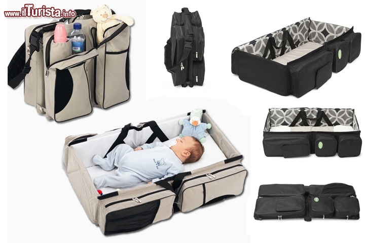 Borsa, fasciatoio e culla da viaggio per neonati by Quick.Smart.Go - Il nome ufficiale è QuickSmart 3-in-1 Travel Bassinet, ed un prodotto americano molto interessante per chi ha dei bambini piccoli e non vuole rinunciare a viaggiare: infatti i problemi logisitici di un viaggio vengono decisamente semplificati da questo furbo gadget! Si tratta di una borsa, con tasche ben assortite, perfette per ospitare tutti gli accessori necessari a chi viaggia con un bambino piccolo. Si può trasportare anche in aereo dato che il lato lungo non supera i 42 cm e pesa meno di 3 kg. Ma con rapidi movimenti la borsa si può trasformare in un comodo fasciatoio per un cambio pannolino più rapido di un Pit Stop, e poi diventa una culla per accogliere comodamente e con sicurezza il pisolino del vostro cucciolo, grazie alla sua lunghezza che diventa di quasi 72 cm. Il tutto si assembla con movimenti rapidissimi, praticamente istantanei, grazie ai contatti magnetici.  Se l'avete con voi non avrete più problemi a gestire il vostro mini-viaggiatore, e sarete indipendenti ovunque vi troviate! il costo è di circa 90 dollari, pari a poco meno di 70 euro, ed ovviamente si può lavare in lavatrice! - Sito ufficiale - Oppure provate questa versione più economica ma altrettanto efficace.