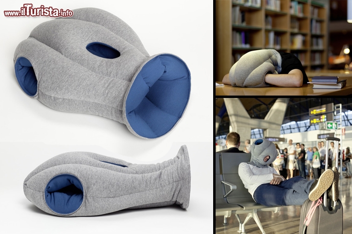 Cuscino struzzo (Ostrich pillow) by Kawamura e Ganjavian - Il nome sembra appropriato dato che chi lo indossa assomiglia ad un simpatico struzzo gigante, e come lui si può compiere un pisolino in santa pace, nascondendo la testa! L'idea è stata quella di consentire, specialmente ai turisti, un piccolo spazio privato in quelle aeree in cui sovente si è costretti ad aspettare, come negli aeroporti e nelle stazioni ferroviarie, ma l'inventore lo suggerisce per molte altre applicazioni come anche per dei rigeneranti pisolini in... ufficio. L'idea è stata sviluppata dello studio di architettura e design dei soci Kawamura e Ganjavian, che hanno ideato questa semplice sacca: interno morbido, per poter appoggiare la testa su una superficie dura, con un foro più grande che è dedicato alla testa, per consentire una buona respirazione, mentre altre due aperture laterali, che non vi lasciano troppo isolati acusticamente, offrono un alloggio anche per le mani. Il suo prezzo è circa 21 euro. Acquista online