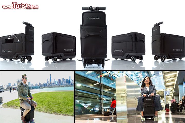 Modobag la valigia / trolley che diventa  uno scooter - sarà un bagaglio a mano rivoluzionario, perfetto se dovete muovervi nei più grandi aeroporti del mondo! Come funziona? Dotata di speciali batterie al litio la valigia si carica ad una presa di corrente elettrica in meno di un ora. Dopo di che avete interessanti funzioni a vostra disposizione: potete avere due porte usb per ricaricare il vostro smartphone / tablet, oppure usare la vostra valigia come mini scooter elettrico e muovervi senza fatica lungo gli interminabili corridoi dell'aeroporto alla discreta velocità di 12,8 km/h. Nessun problema se volete usarla in modo tradizionale, con le ruote motrici la vostra fatica di trascinamento viene completamente annullata. L'autonomia del motore elettrico è per percorrere quasi 10 km, a patto che non superiate i 118 kg di peso, limite massimo consentito. Costruita con materiali di primissima qualità la valigia sembra essere un valido e resistente prodotto, con l'unico neo rappresentato dal peso a vuoto dichiarato: 8,62 kg, batterie escluse, ci sembra un valore troppo elevato per molte delle compagnie aeree low cost (verifica le dimensioni del bagaglio a mano).
Le dimensioni di 56x36x23 cm sono in genere quelle massime consentite dalle più importanti compagnie aeree. Quanto costerà? La valigia potrebbe essere rilasciata a gennaio 2017 e il prezzo non è certo economico: 995 dollari per essere i primi a sfrecciare in aeroporto! Sito ufficiale