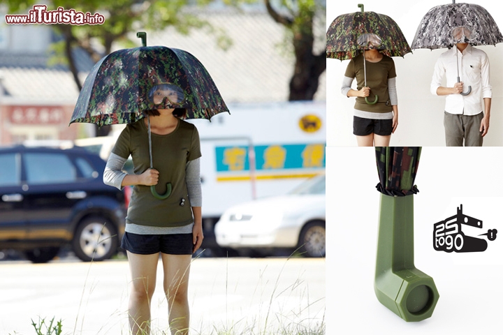 Ombrello con vista (Goggles Umbrella), by 25togo.com - Da Taiwan (25togo design studio) una simpatica idea, specie quanco piove di vento! Normalmente se piove con vento si deve inclinare l'ombrello, ma in questo modo non si riesce a vedere dove si sta camminando: ecco allora una "Goggles Umbrella" un particolare ombrello dalla forma piuttosto avvolgente, con inserito nel tessuto una mascherina trasparente a forma di occhiali, che consente una buona visibilità, senza dove sollevare l'ombrello! Notate anche il puntale dalla forma particolare tipo un periscopio, disegnato apposta per non fare scivolare l'ombrello quando viene appoggiato al muro. Costa 56 dollari, cui dovrete aggiungere i costi di spedizione. Maggiori info qui.