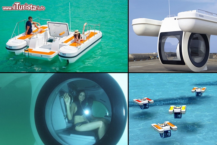 Semi-sottomarino Ego LE compact - Volete vivere il mare con un'esperienza a 360°? Ego è una sorta di incrocio tra uno yacht e un sottomarino, e in pratica riesce a dare il meglio di entrambi i mondi in una sola imbarcazione. Non è né un sommergibile, ma neanche una barca con il fondo di vetro, semplicemente il suo design innovativo unisce questi due concetti, per offrire una esperienza che è la sintesi delle caratteristiche miglio di entrambi i mezzi di trasporto. E' costituito da due ponti, lunghi poco men di 4 metri, su cui prendere il sole e dedicarsi alla pesca, che stringono lo scafo con la parte sommergibile, quest'ultima che scende oltre due metri sott'acqua con una forma che ricorda una palla di vetro per pesci rossi. Tre ampi finestrini consentono delle magnifiche viste subacquee, e un joystick rende molto semplice la navigazione. Tra gli strumenti anche un profondimetro ideale per evitare ostacoli come scogli e coralli. Pesa oltre 4 tonnellate, può caricare fino a 300 kg, ed è disponibile in 4-6 settimane con prezzi a partire da poco meno di 40.000 euro. - Sito ufficiale