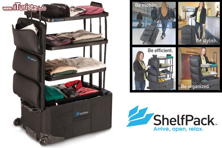 Shelfpack la valigia armadio - E' uno degli incubi per chi ama i viaggi itineranti: cambiare ogni sera l'hotel significa rifare continuamente le valige, con un dispendio di tempo ed energie! Per ovviare a ciò è arrivata sul mercato la valigia ShelfPack, una vera rivoluzione. Il grande trolley è dotato di 4 ripiani estraibili, sui quali avete disposto gli abiti e gli accessori nell'ordine a voi più congeniale: quando arrivate in hotel non dovete far altro che sollevare i vassoi, fissarli ai supporti laterali, e avrete a disposizione il vostro armadio da viaggio. Tempo richiesto, pochi secondi! Sono inoltre presenti 3 tasche laterali, molto utili e capienti. La mattina dopo non dovrete far altro che riporre gli abiti, il beauty case e gli indumenti utilizzati, chiudere la valigia e partire per la prossima meta. Quanto costa? Viene prodotta in California e venduta al prezzo di 349 dollari, le sue dimensioni sono 71x47x36 cm, e una volta aperta raggiunge un altezza di 106 cm. La sua capacità complessiva è di 114 litri, 7.7kg il suo peso. Qui il sito ufficiale: www.shelfpack.com