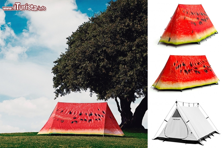 Tenda cocomero (What a melon) by fieldcandy.com - Di certo non passa inosservata, e senza dubbio non è una tenda mimetica! Però fa sicuramente sorridere ed ogni viaggiatore o turista vorrebbe averla per fare invidia a tutto il campeggio, una volta aperta. Si tratta di una tenda biposto, dal nome esplicito di "What a melon" ma piuttosto ampia dato che possiede una lunghezza di oltre 3 metri e mezzo, una larghezza di 1 metro e 70, ed una altezza di 140 cm. Certo il prezzo è abbastanza elevato, dato che si devono sborsare quasi 600 euro per comprarla, ma volete mettere l'invidia di parenti ed amici per la vostra tenda cocomero? Maggiori info qui