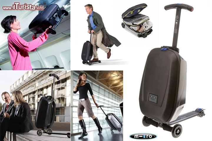 Trolley monopattino by Micro Mobility - Ecco un accessorio ideale per viaggi senza altri bagagli! Sicuramente è utilissimo per chi ha tempi stretti, sia in vacanza che lavoro, soprattutto per chi deve districarsi tra coincidenze al limite, sia tra terminal di aeroporti che i binari delle grandi stazioni: con il vostro Micro Trolley, gli spostamenti divengono decisamente più veloci e divertenti. Eh si, la vostra valigetta si trasforma rapidamente in un vero monopattino, e sicuramente noterete l'invidia di tutti coloro che arrancano tra i lunghi corridoi e marciapiedi mentre voi sfrecciate rapidi verso il vostro appuntamento o il prossimo mezzo di trasporto! Il Micro Trolley pesa poco meno di 5,5 kg, aperto raggiunge un altezza di 95 cm, comoda per condurre un monopattino anche se siete di alta statura (attenzione peso max 100 kg!), mentre da chiuso ha le dimensioni giuste per essere imbarcato con la maggior parte delle compagnie aeree (forse non con le low cost, meglio chiedere in anticipo), come bagaglio a mano. Costa 299 euro. - Sito ufficiale con vendita online