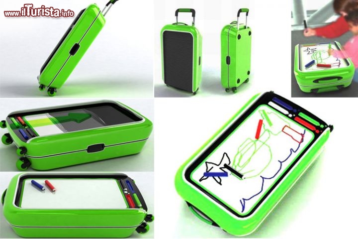Valigia-lavagna colorabile - The Colored Suitcase by Marcial Ahsayane - Viaggiare con i bambini è bellissimo, ma anche faticoso. Le attese in aeroporto o nelle stazioni ferroviarie possono poi essere davvero snervanti, quando i bimbi si annoiano e diventano irrequieti. Una buona idea è quella avuta dallo studio design Ahsayane, con la sua coloratissima valigia (Coloured Suitecase): basta fare scorrere la sua copertura. e al di sotto si svela una grande lavagna su cui i bambini potranno esprimere tutta la loro creatività e non accorgersi della lunga attesa che li ferma in quel posto. In dotazione anche i pennarelli colorati! www.ahsayane.com