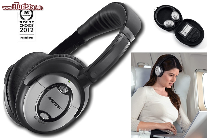 Cuffie cancella rumore Bose® QuietComfort® - Funzionano con la tecnica della "interferenza distruttiva" che però non è garantita per "cancellare" la voce della suocera! In pratica un microfono riceve il rumore di fondo dell'ambiente, e gli altoparlanti ne producono uno uguale, ma in fase contraria: in questo modo i due rumori si cancellano a vicenda, lasciandovi in un un naturale silenzio, o permettendovi di ascoltare meglio la vostra musica preferita. Questo tipo di cuffie sono perfette per i voli in aereo, dove senza accorgersene siamo immersi nel ronzio di fondo dei motori dell'aeroplano, che alla ci fanno riposare in modo più superficiale e meno efficace. Altra applicazione sono gli hotel con impianti rumorosi dell'aria condizionata, cioè in pratica per tutti quei rumori costanti e prolungati nel tempo. Costo circa 329 euro, ce ne sono anche di meno costose, ma le Bose sono tra le più quotate (premiate dagli utenti di Tripadvisor, con il Best Travellers Choice 2012) - In vendita qui 