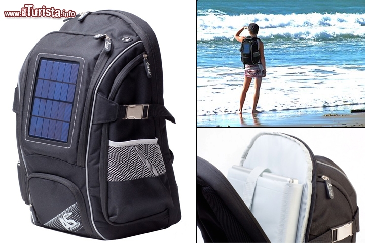 Zaino con pannello solare (Nova Backpack) by A-Solar - Gli escursionisti di un tempo non avevano problemi: zaino in spalla e via per una nuova avventura! Ora però è diverso, la vostra avventura è divenuta “social” ed oltre k-way e borraccia il vostro zaino deve includere anche smartphone, tablet e fotocamere digitali, per documentare la vostra esperienza. Allora questo zaino dotato di pannello solare (2,7 W) diventa veramente interessante: mentre camminate lungo i sentieri, o per le strade di una grande città, i vostri dispositivi elettronici vengono ricaricati! Si tratta inoltre di uno zaino veramente ecologico, dato che più del 50% è stato realizzato da bottiglie di plastica riciclate, pur rimanendo solido e molto comodo da mettere sulla schiena. Ma certo l'attrattiva più grande è la possibilità di ricaricare il vostro telefono cellulare, lettore MP3, tablet o portatile mentre siete in movimento. Nella tasca anteriore si trova infatti è una vera centrale di produzione di energia elettrica, che negli ultimi modelli può anche includere anche una batteria con capacità nominale di ben 7000 mAH, quasi il triplo del modello standard: un pannello solare raccoglie i raggi UV del sole e trasferisce l'energia nella batteria inserita nella borsa. Questa batteria, ricaricata in circa 5 ore, vi restituisce in ogni momento l'energia di cui avete bisogno, tramite un connettore micro USB. La batteria puà essere altresì ricaricata tramite USB o alimentazione CA. Lo zaino ha una capacità di 33 litri - Larghezza (Dimensioni interne in cm) - 50 Altezza (Dimensioni interne in cm) - 30 Profondità (Dimensioni interne in cm) - Peso 1330 grammi. Prezzo: a partire da 99 euro, il modello con batteria ad extra capacità, appena disponibile, costerà una ventina di euro in più. E' disponibile anche una versione borsa chiamata A-Solar City - Potete acquistarlo qui.