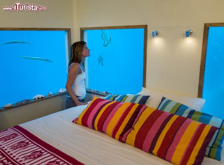 Camera da letto sommersa della Manta Boathouse a Pemba - E' sicuramente la parte più spettacolare del Manta Resort che si trova sulla costa sud dell'isola di Pemba, in Tanzania. Infatti la parta bassa della Manta Boathouse, è dotata di una camera da letto matrimoniale nella cosiddetta "Undewatoer Room", la prima del genere mai costruita in Africa. All'interno una serie di finestre garantisce una visione a quasi 360°, ma non è chiaro se siano i visitatori ad ammirare il panorama della laguna, oppure la vista migliore sia quella dei pesci, che curiosamente vengono a visitare le finestre dell'hotel! Particolarmente suggestiva risulta la visione notturna, grazie ai faretti che illuminano l'esterno rendendo visibili i pesci ed i loro colori. Quanto costa? Una notte nella Manta Boathouse costa 1.500 dollari ad uso matrimoniale, 900 dollari ad uso singola - Sito ufficiale The Manta Resort