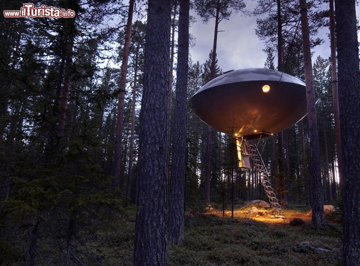 Treehotel The Ufo, in Svezia - Si tratta di una delle tante installazioni presenti all'interno del Tree Hotel in Svezia, che aggiunge ogni tanto una soluzione originale e diversa. Con questo alloggio sembra di ritornare ai tempi del telefilm degli anni '70 "Ufo" quando gli alieni atterravano nei boschi dell'Inghilterra e il comandante Straker ci difendeva dagli invasori... In effetti chi si ritrova davanti a questo hotel potrebbe per un attimo pensare di essere sul punto di venire rapito da qualche alieno. Di certo verrete depredati dei vostri euro, visto il costo di quasi 500 euro a notte per la camera. Si trova vicino a Lulea, nel nord della Svezia. Sito www.treehotel.se/?pg=ufo