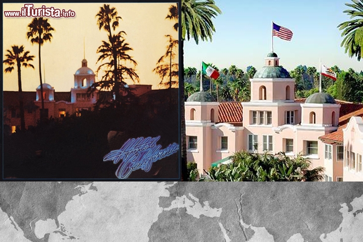 The Eagles, Hotel California: un gruppo che è sinonimo di viaggi on the road e sulla copertina di questo disco immortale il lussuoso Beverly Hills Hotel al 9641 Sunset Blvd. Beverly Hills.
