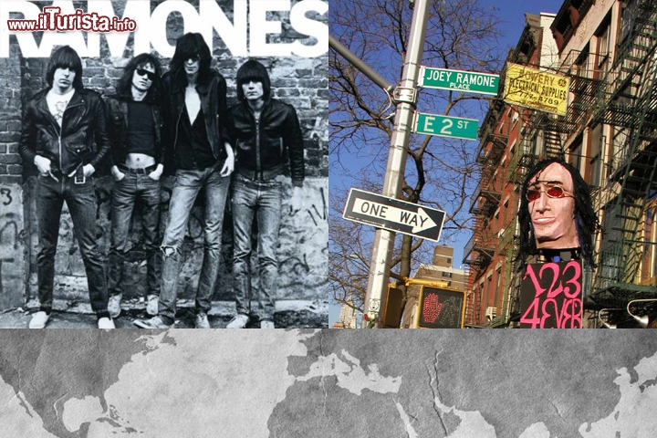 The Ramones, Ramones: il muro di NYC su 2nd Street tra Bowery e 2nd Ave è ora chiamato in ricordo di questa foto Joey Ramone Place. Dietro l'angolo il celebre CBGB Club