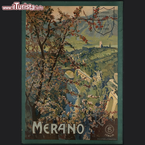 Stazione termale di Merano, si noti la Torre delle Polveri e il ponte romano sul torrente Passirio - Copyright  The Boston Public Library's Print Department 