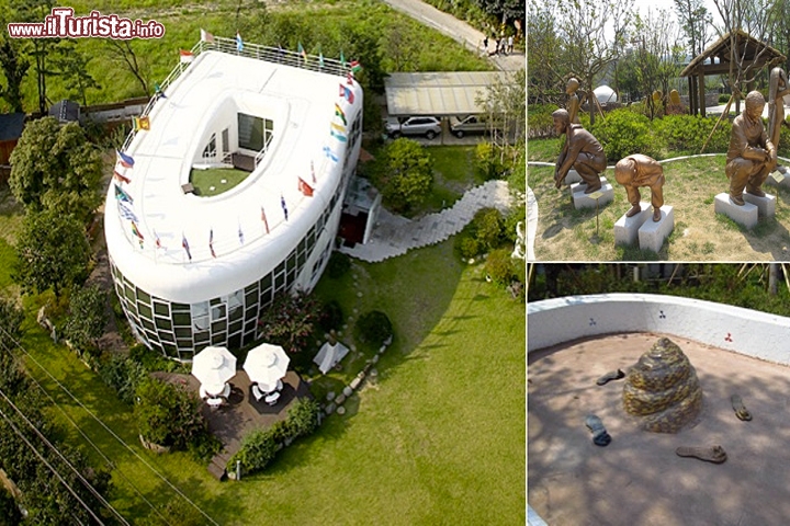 Parco a tema W.C. (Toilet Culture Park) Suwon, Corea del sud - Non c'è limite alla fantasia dell'uomo, e quando si parla di parchi a tema, sembra proprio che toccato il fondo qualcuno provi ulteriormente a scavare! Tra la collezione di parchi più assurdi del pianeta, quello inaugurato quest'anno a Suwon, una città alle periferia sud di Seoul, nella Corea del Sud, si candida a vincere il primo premio! Ci chiama Toilet Culture Park, ed è un parco-museo dedicato a ciò che accade quando si risponde alla chiamata della natura. E' dedicato all'ex sindaco della città, chiamato Mr Toilet, che era fanatico di servizi igienici. Dopo la sua scomparsa la casa è stata trasformata nella più grande collezione di gabinetti del mondo. Ce ne sono provenienti da ogni parte della terra, collezioni di vari tipi di "fatte", ed un parco di sculture con riprodotti personaggi in pose...plastiche!