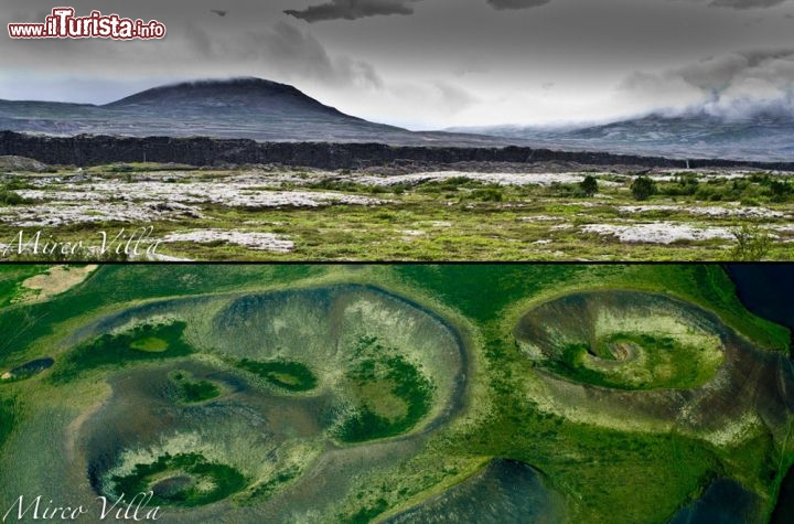 Thingvellir e Pseudocrateri Lago Myvatn, Islanda - In alto le immagini di uno dei parchi nazionali di Islanda, chiamato Þingvellir, che si trova poco distante dalla capitale di Reykjavik, più precisamente nei pressi della penisola di Reykjanes e non distante dai vulcani di Hengill. In questo parco si trova la famosa cascata di Öxaráfoss. In basso invece troviamo delle strane morfologie: anche qui ci troviamo all'interno di una area protetta e cioè la riserva naturale del Lago Mývatn. Mirco Villa compiendo un volo panoramico sopre queste zone, ha ripreso alcuni dei celebri pseudocrateri, che si sono formati dalle esplosioni di tipo freato-magamatico, causate dal contatto delle lava con le acque superficiali, creando queste morfologie depresse, davvero particolari.

32 pagine, 400 immagini di Mirco Villa (Fotografo QEP) - Acquistala sull'Apple Store