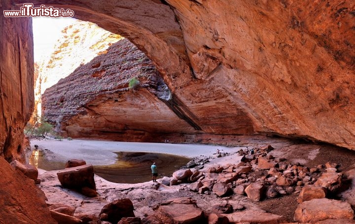 Cathedral Gorge la grande gola di Purnululu. si tratta di un enorme anfiteatro di arenaria, con un piccolo laghetto al centro. All'ombra le temperature si mantengono più fresco e ci si riposa della lunga camminata.