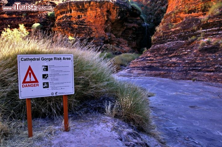 Purnululu sentiero per Cathedral Gorge. Un altro famoso percorso di trekking è quello che conduce a Cathedral Gorge, la gola Cattedrale che si raggiunge attraverso uno canyon di media larghezza, che si incunea tra i Bungle Bungle.