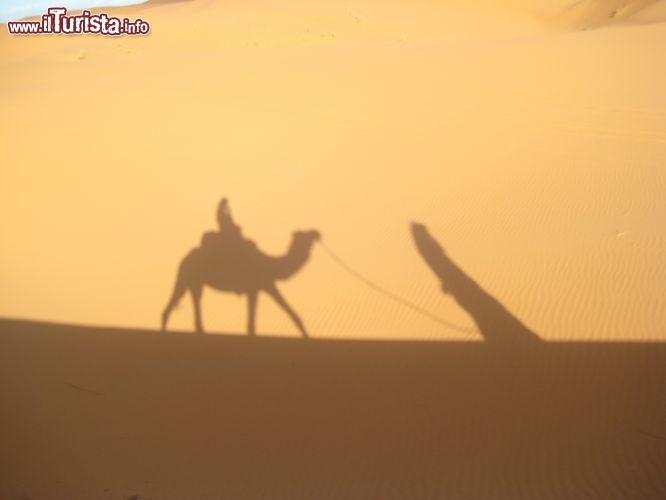 Ombre nel deserto, escursione tra le dune di Merzouga, con il dromedario lungo le creste di sabbia dell'Erg Chebbi - Foto di Mara Agostini
