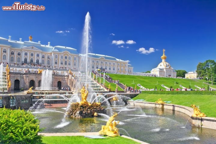 Peterhof alla periferia di San Pietroburgo, in Russia - E' semplicemente ricordata come una delle Sette Meraviglie della Russia, e fu voluta dal Pietro il Grande, lo Zar che fece costruire la città di San Pietroburgo, Peterhof, anche conosciuta con il nome di Peterhog, è un complesso che si sviluppa su di una superficie di oltre 600 ettari, a circa 25 km dal centro di San Pietroburgo.  Da non perdere i magnifici giardini, che accolgono al loro interno ben 176 fontane, tutte azionate da un sistema idraulico a semplice caduta, cioè senza utilizzo di pompe idrauliche. In totale dentro Peterhof si sviluppano 3 parchi distinti, quello inferiore, il Parco Superiore ed il Parco Aleksandra, mentre l'edificio centrale, ricco di opere d'arte è il Gran Palazzo. Il complesso nel 1990 è stato inserito nella lista dei Patrimoni dell'Umanità dell'UNESCO - Ulteriori informazioni: sito ufficiale - © Brian Kinney / Shutterstock.com