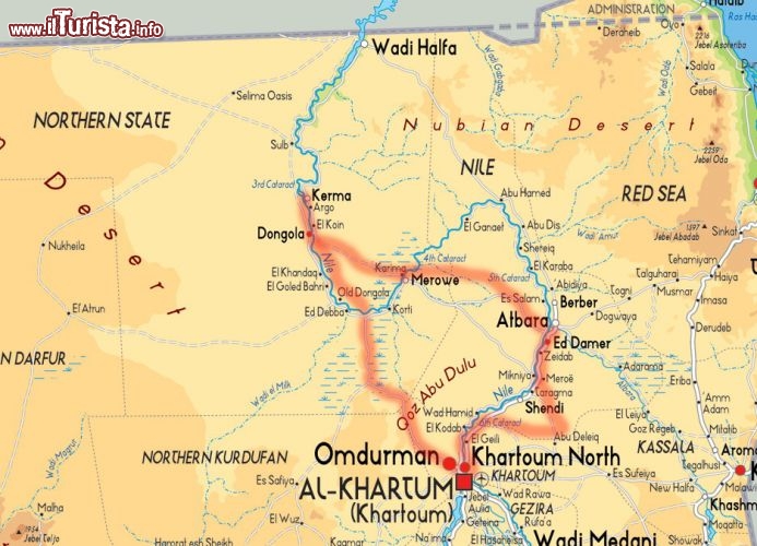 Sudan : la cartina del nostro tour  nella Nubia - Per ulteriori informazioni: I viaggi di Maurizo Levi ed in particolare il Tour del Regno dei Faraoni Neri