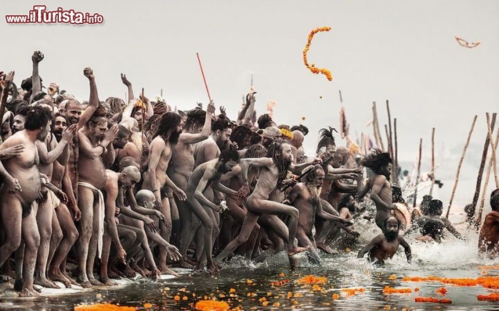 Kumbh Mela, il più grande festival religioso del mondo, dove convergono milioni di persone. Ci troviamo a Allahabad India, con i pellegrini che si tuffano per un bagno purificatore - ©  www.tpoty.com - Foto di Roberto Nistri