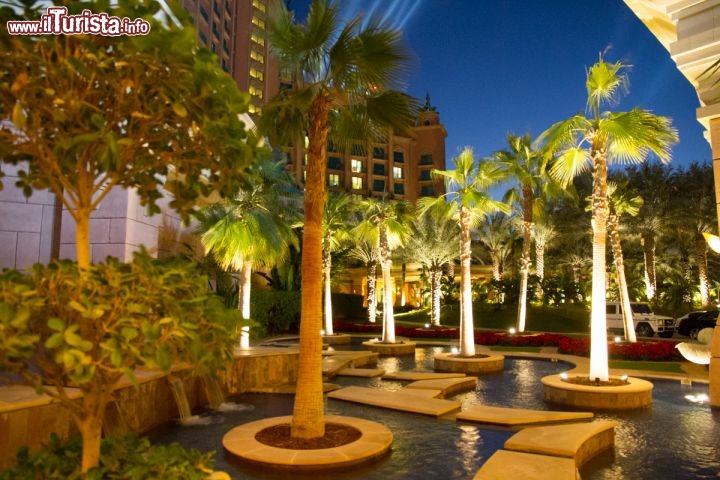Palme all'ingresso dell'hotel Atlantis illuminato nelle prime ore della serata