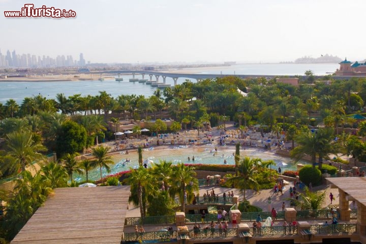 Piscina con vista sul parco e ponte che porta a Dubai Marina