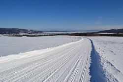Sentiero per motoslitta: si trova a Baie-Saint-Paul, nella regione dello Charlevoix, e sullo sfondo si possono vedere le acque gelate del fiume Saint-Laurent. I sentieri sono tracciati ogni ...