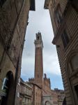 Gli 88 metri d'altezza della Torre del Mangia svettano tra i palazzi di via Rinaldini a Siena